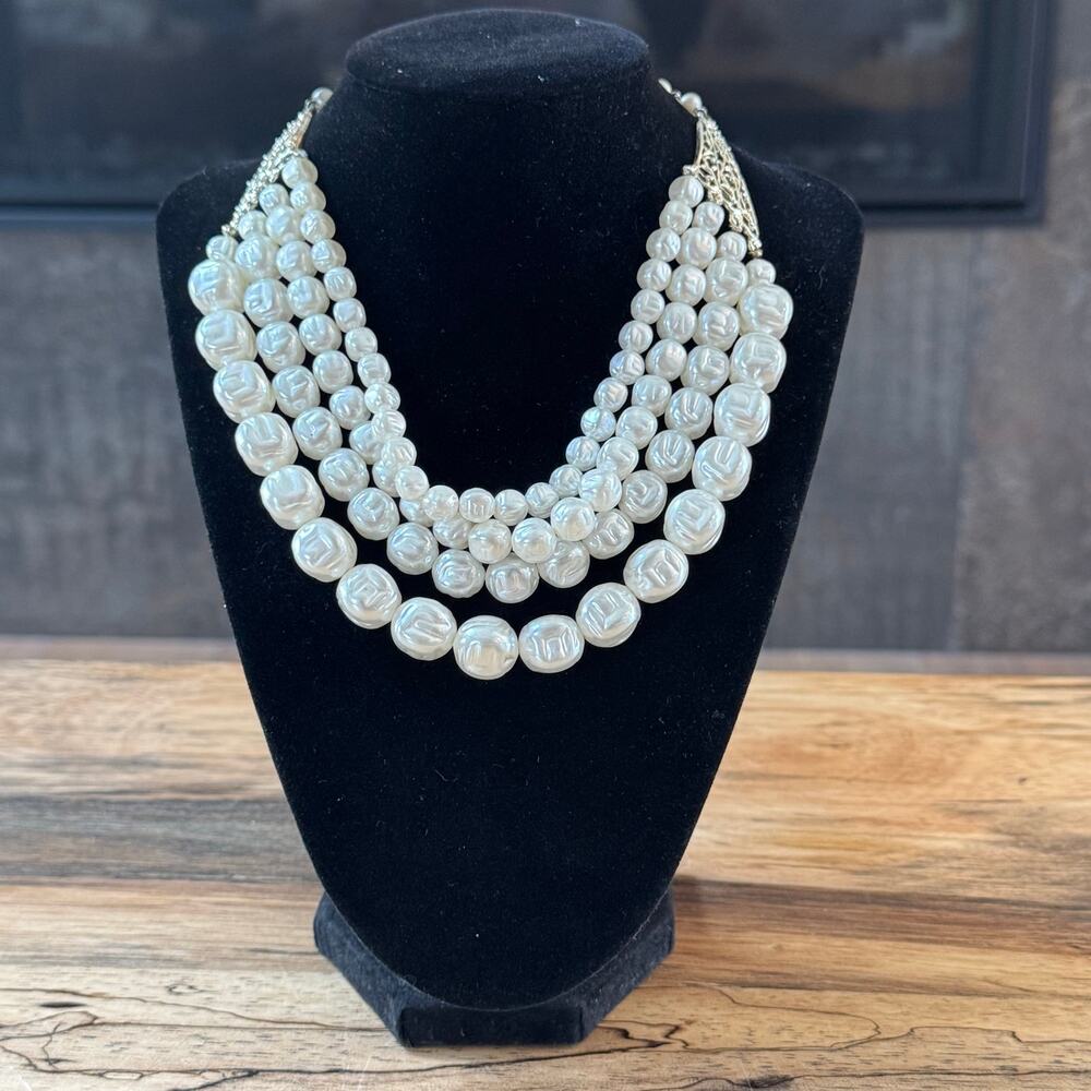 Vintage 1950s 4-Strand Baroque Pearl Choker, Cascading Layered Bib Necklace